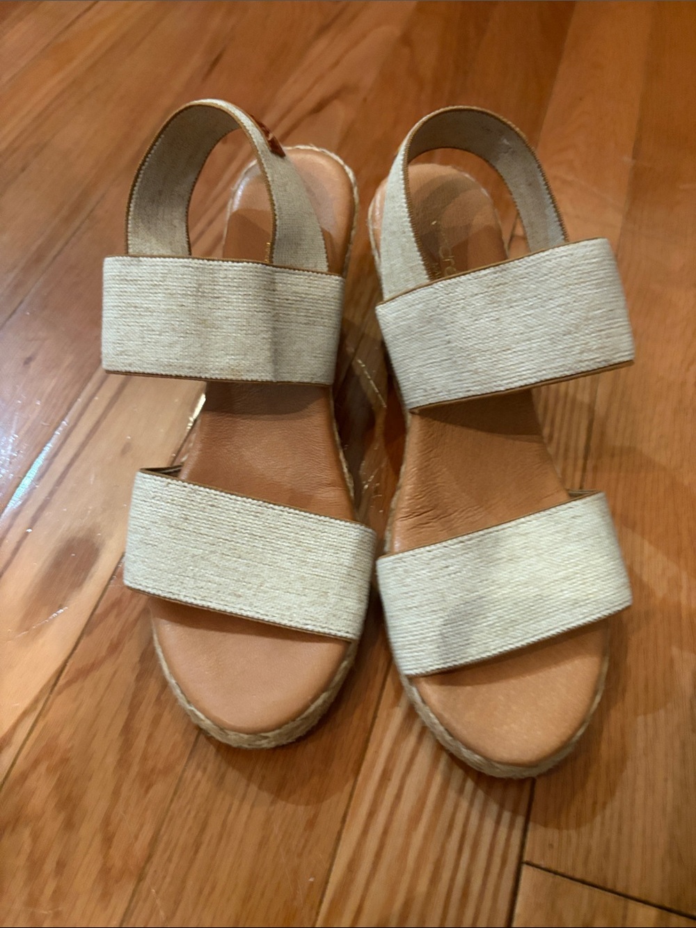 Andre Assoue 36 Beige Platform Sandals with Elastic Straps EUC